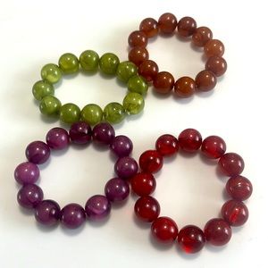 4 Beaded Elastic Bracelets, New, Red, Purple, Green, Brown